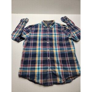 American Eagle Button Down Shirt Men XL Classic Fit Blue Red Plaid Pocket Cotton